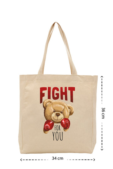Bear Boxing - Kanvas Çanta - Krem