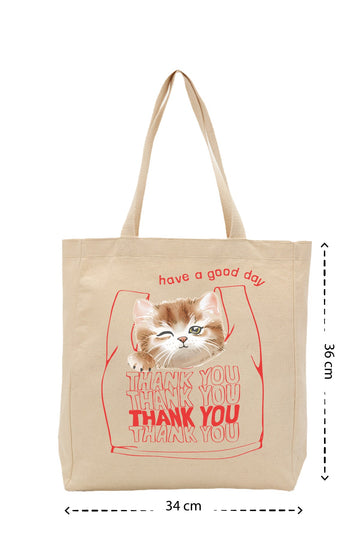 Cat in Bag - Kanvas Çanta - Krem