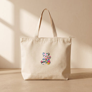 Flower Bear - Fermuarlı Tote Bag